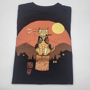 Threadless Men's Ninja Cat Graphic T-shirt Size Small Black Orange Short Sleeve